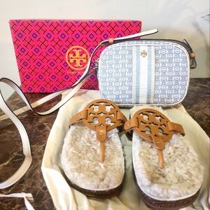 Tory Burch Tan Sandals and Blue Patterned Crossbody Bag NIB